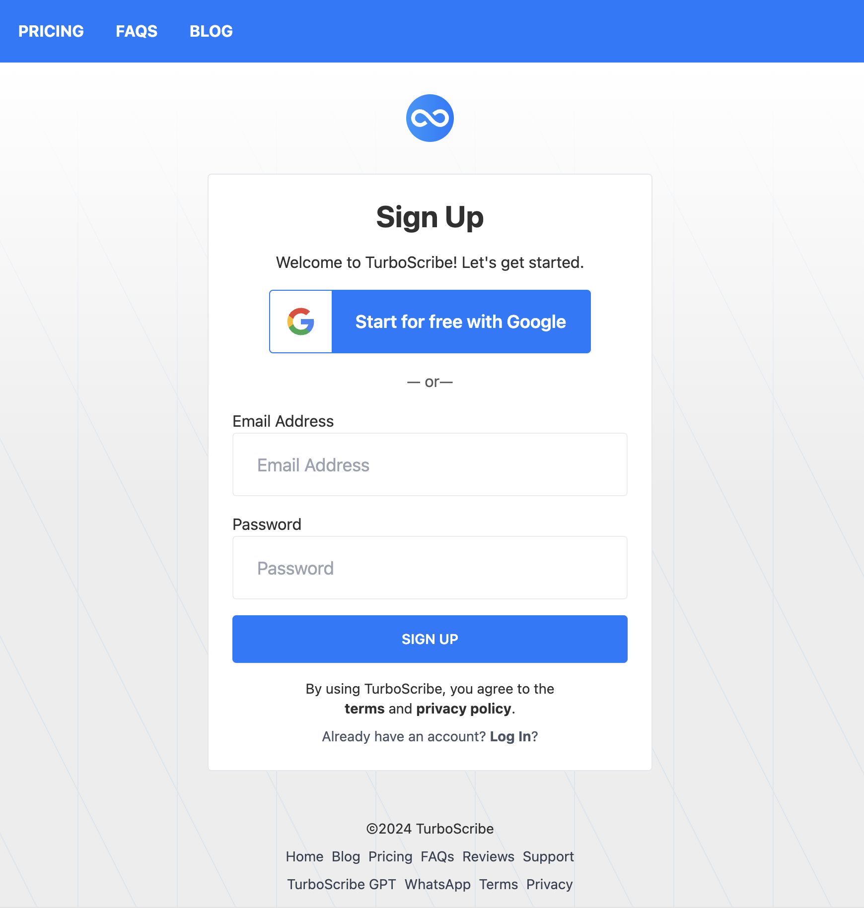 TurboScribe Registration Interface