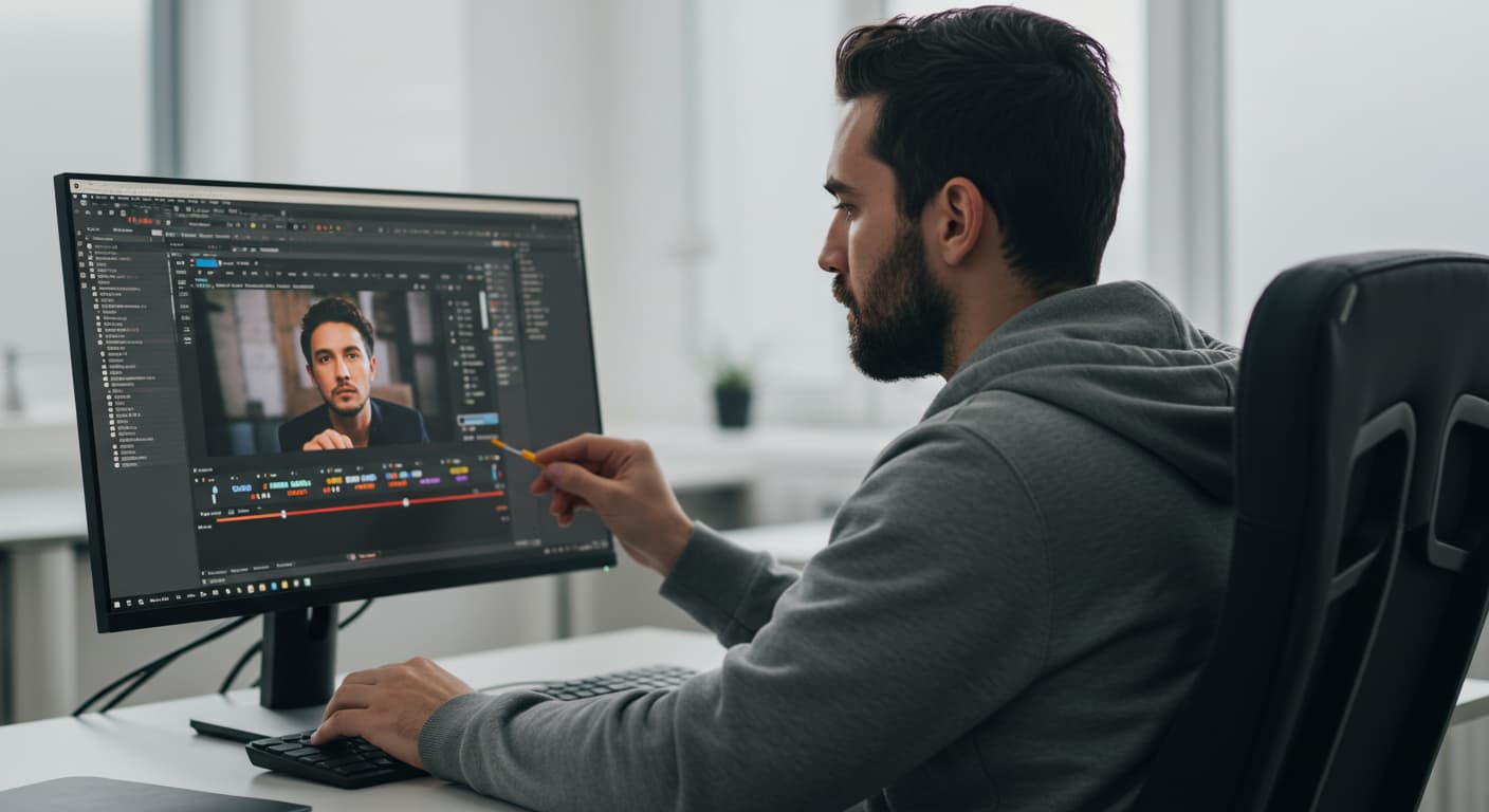 A person carefully reviewing video subtitles on a MacBook